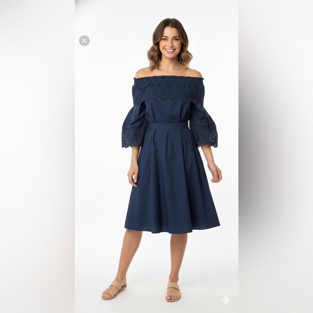 Derek Lam 10 Crosby Everett‎ Navy Blue Eyelet Off the Shoulder Cotton Dress Belt